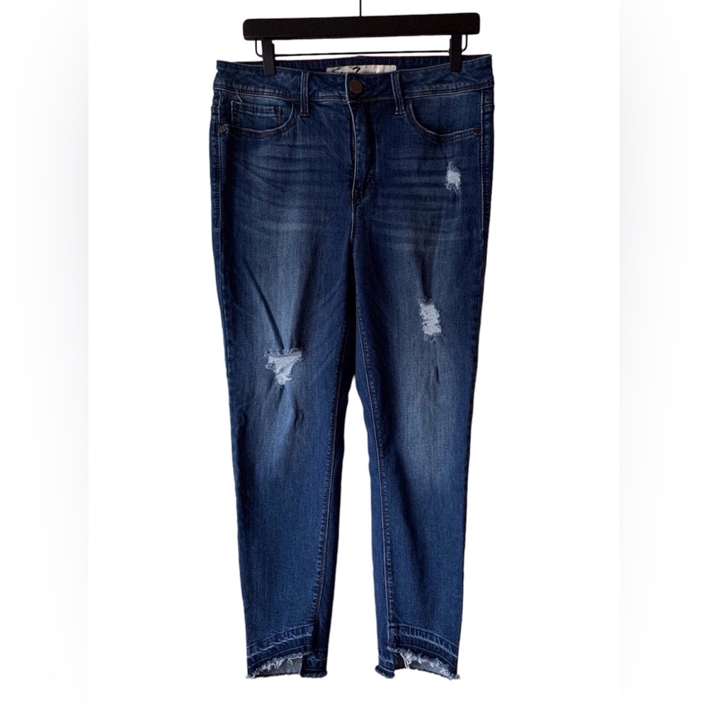 Seven7 Women's Size 12 Denim Dark Blue Jeans Tummyless Skinny Distressed Pants